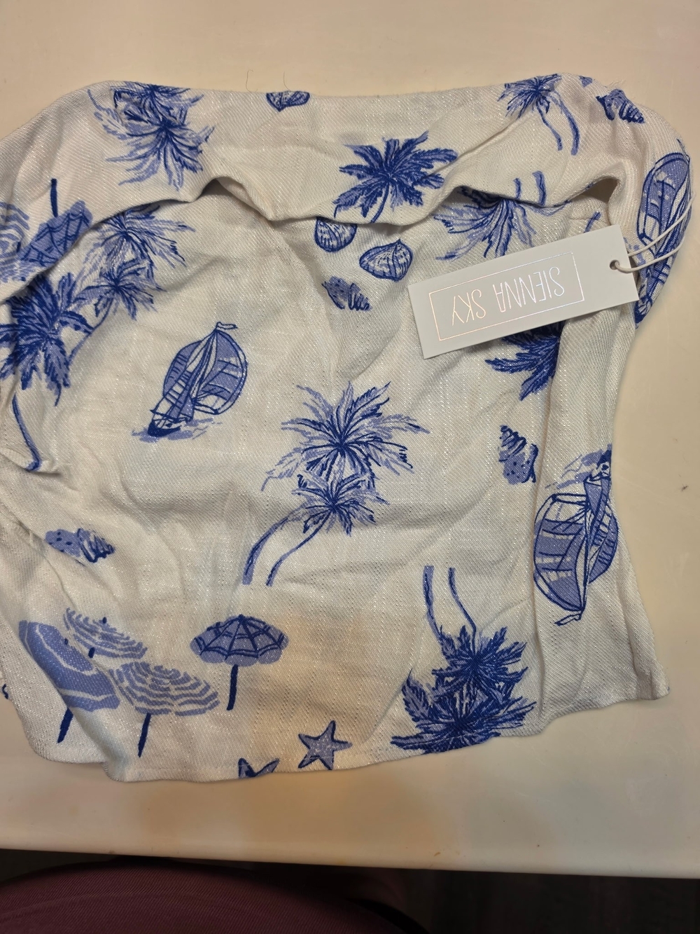 Sienna Sky White Scarf with Blue Tropical Print